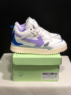 Side view of a white sneaker with a lavender arrow-shaped side detail, blue heel panel and textured cream outsole.