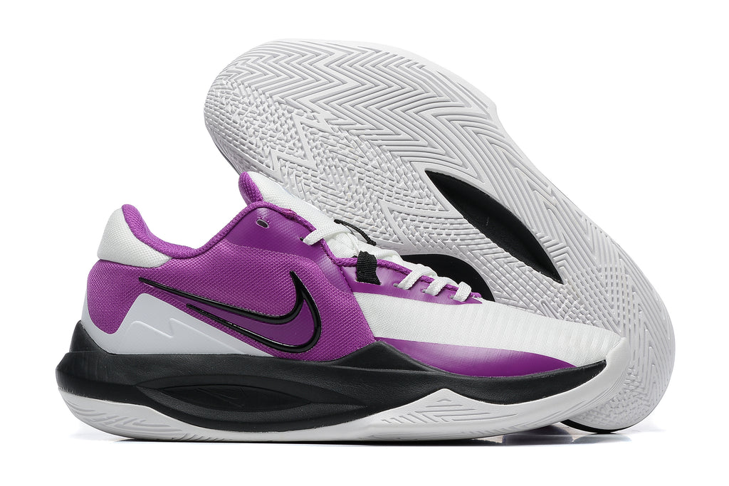 Purple and white basketball shoe with black accents and a white patterned outsole.