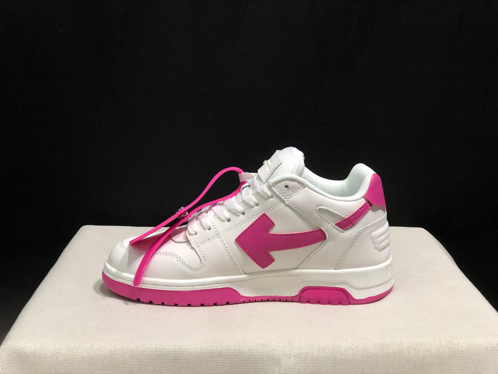 Outer side profile showing the low-top silhouette, pink side detail, white upper and contrasting outsole.