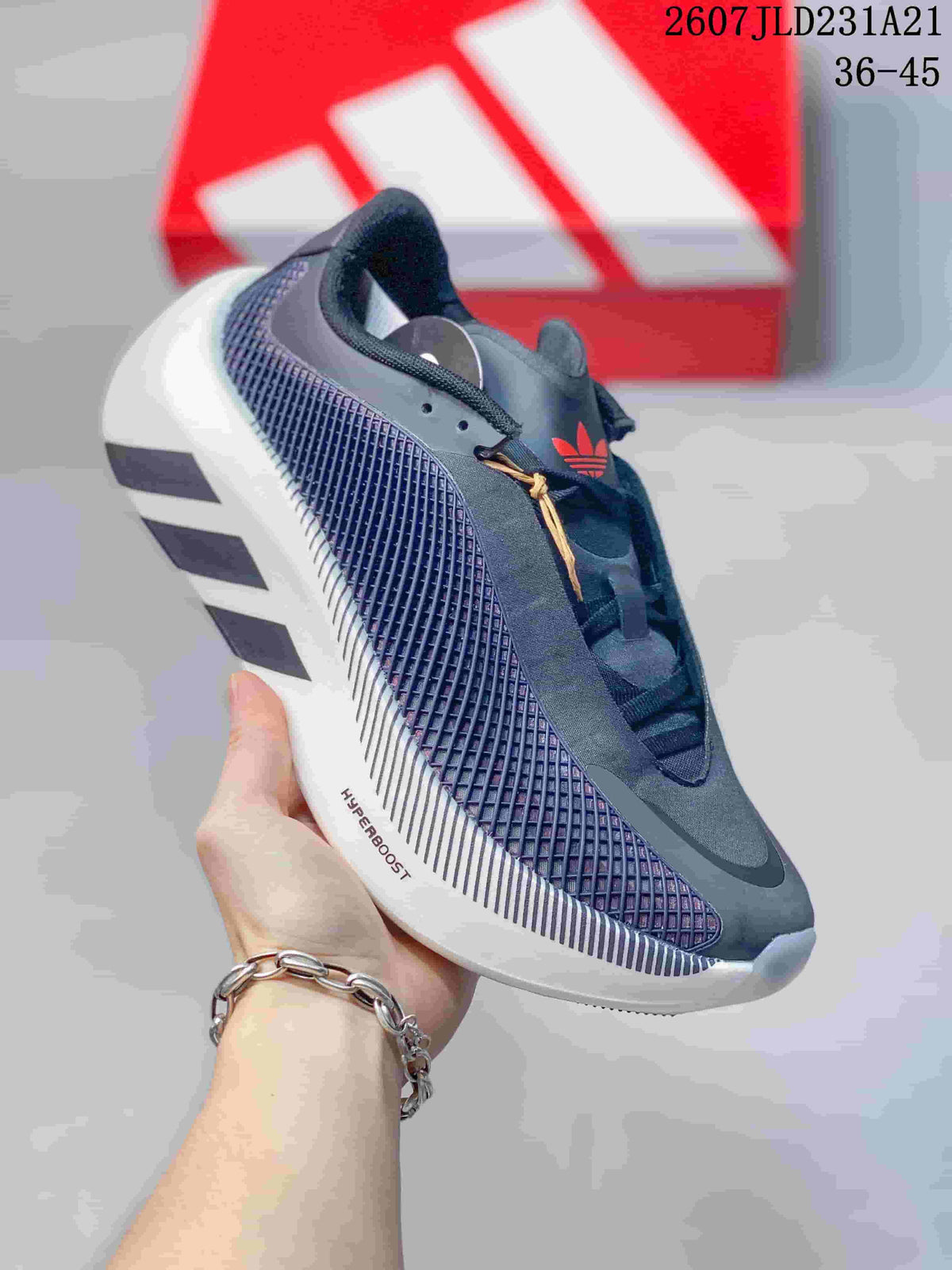 Angled side view showing the patterned upper, three dark side stripes, and HYPERBOOST outsole text.