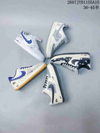 Flat-lay view showing five photographed Nike Air Force 1 sneakers in white, blue, grey, navy, floral, and patterned colorways.