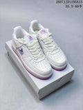 Pair of white and purple Nike Air Force 1 low-top sneakers displayed on a white shoe box.