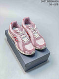 Pair of pink and white New Balance 204L sneakers displayed on a shoebox, with the product code and size range overlaid.