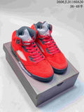Red and black Jordan 5 high-top sneakers shown on a box from the front.