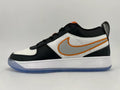 Side view of a white and black low-top Nike sneaker with orange trim, a grey Swoosh, and a translucent blue-tinted outsole.