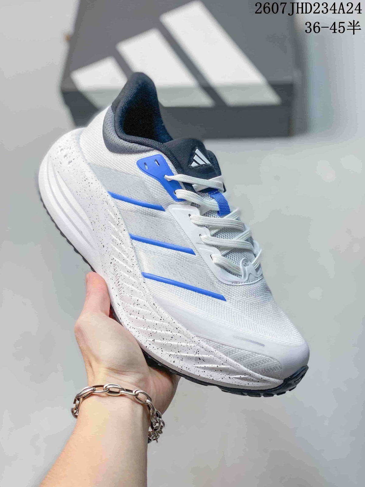 Angled side view highlighting the white upper, blue side stripes and black outsole edge.