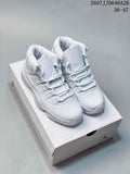 Pair of white Jordan Air Jordan 11 Retro high-top sneakers displayed on a shoebox; source overlay shows style code 2607JJD646A26 and size range 36–47.