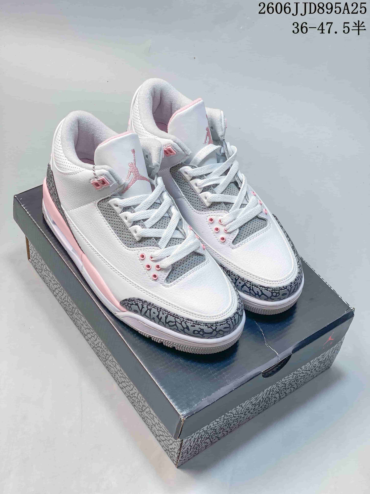 Pair of white, pink, and gray Air Jordan 3 Retro sneakers displayed on a branded shoebox; image text shows style code 2606JJD895A25 and size range 36–47.5.