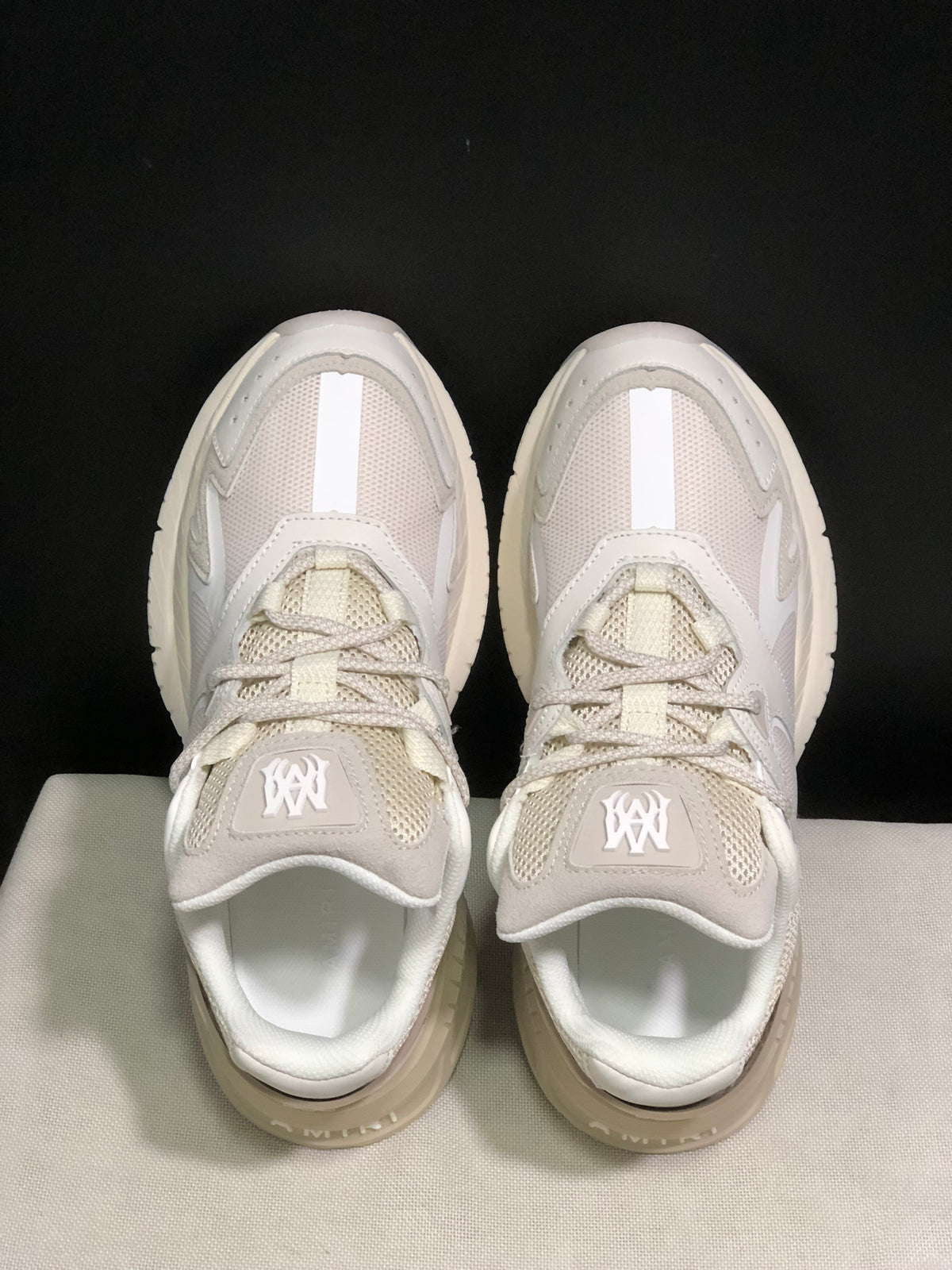Top-down view showing the mesh tongues, tonal laces, layered toe panels and padded collars.