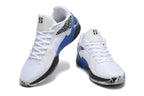 Pair of white, blue, and black low-top basketball shoes shown from front and side