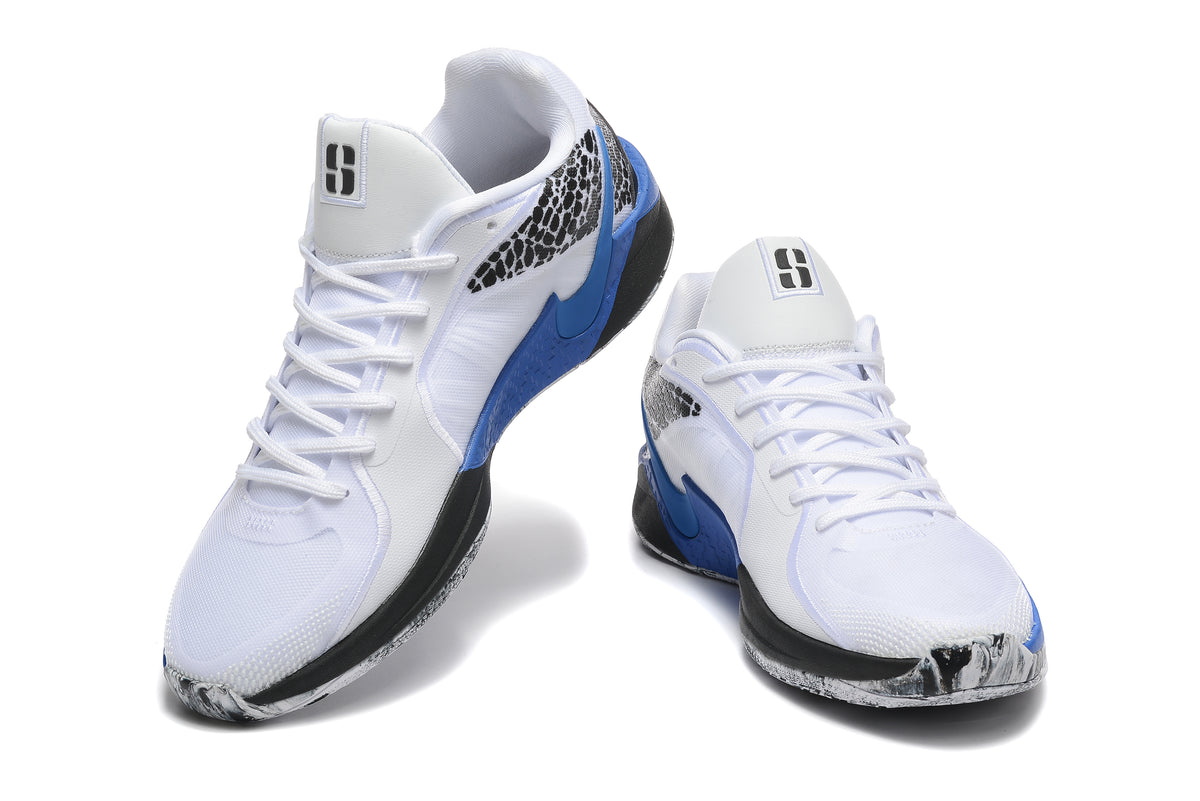 Pair of white, blue, and black low-top basketball shoes shown from front and side