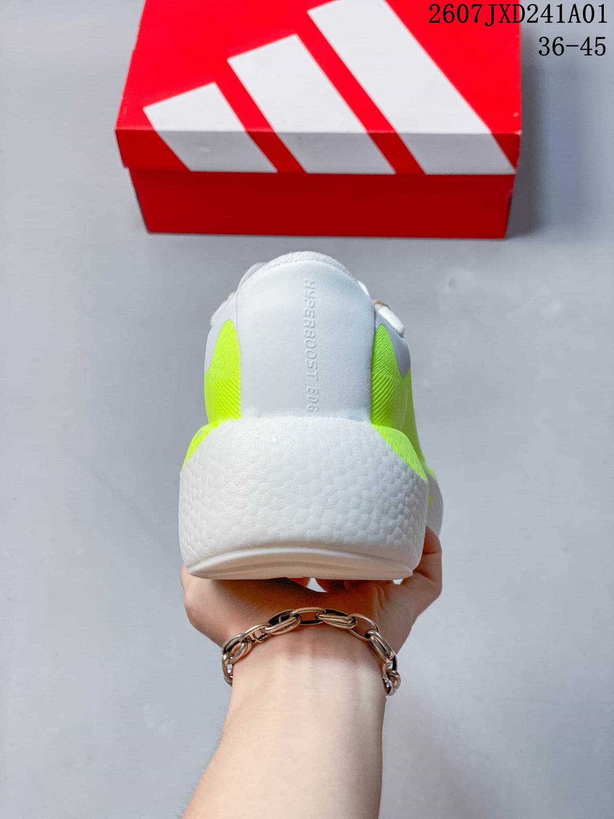 Rear view of the shoe highlighting the sculpted heel and neon-yellow side details.