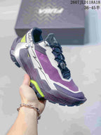 Side view of one KAILAS FUGA EX3 BOA shoe showing the purple and white upper, lime accents and rugged sole.