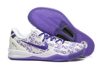 White and purple Kobe 8 Protro shoe with patterned outsole shown.