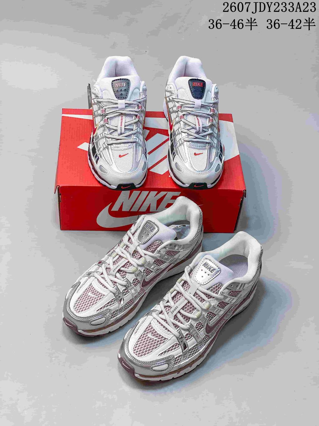 Multiple views of white, silver, and red Nike P-6000 sneakers with a red shoebox; the image shows style code 2607JDY233A23 and the size ranges 36–46 and 36–42.