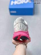 Rear view of a white and pink HOKA Clifton 10 sneaker showing the heel branding and sculpted outsole; image text shows size range 36–40.5.