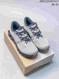 Pair of gray and black On Cloud X 4 sneakers displayed on a shoebox, with style code 2607JJD1857A17 and size range 36–45 visible above.