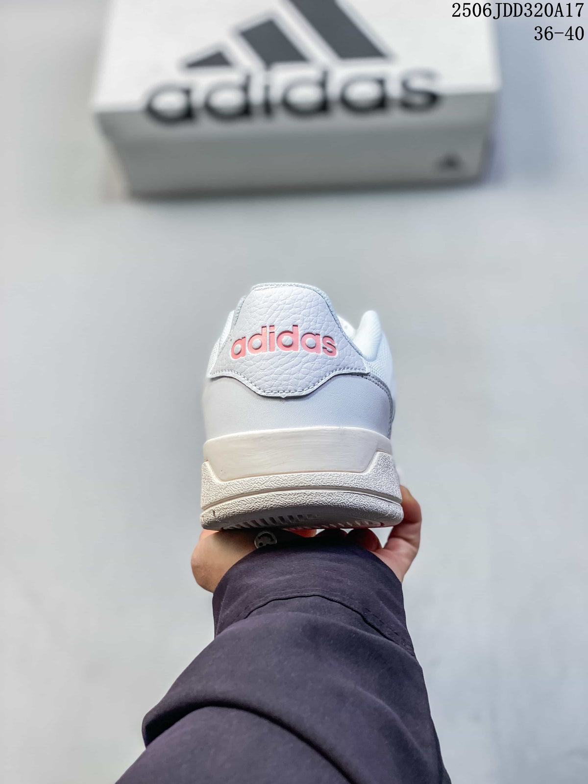 Rear view of the white adidas Entrap sneaker showing the padded heel and logo detail.