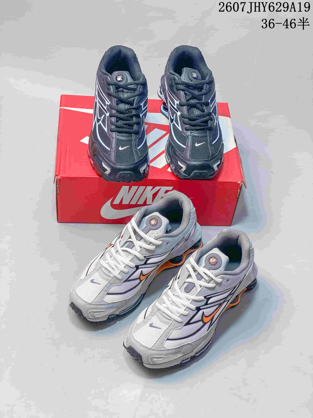Both visible colorways of the Nike Shox Ride 2 sneakers, including black with white accents and white with orange accents; image text shows sizes 36–46.5.