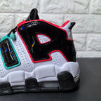 Close-up of the glossy black heel-side panel with red trim and aqua details