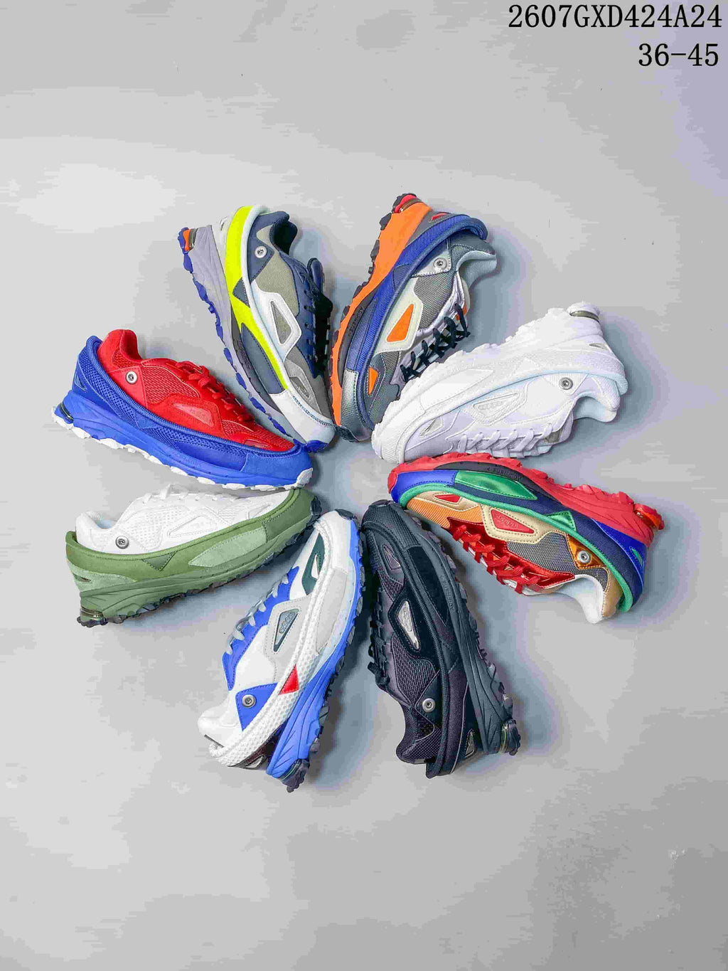 Several colorful OZWEEGO sneaker colorways arranged in a circular display, with style code 2607GXD424A24 and size range 36–45 visible at the top.