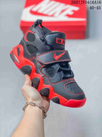 Black and red Nike high-top sneaker with perforated panels, red stitching, laces and a hook-and-loop strap; style code 2607JVD416A16 and size range 40–45 are overlaid.