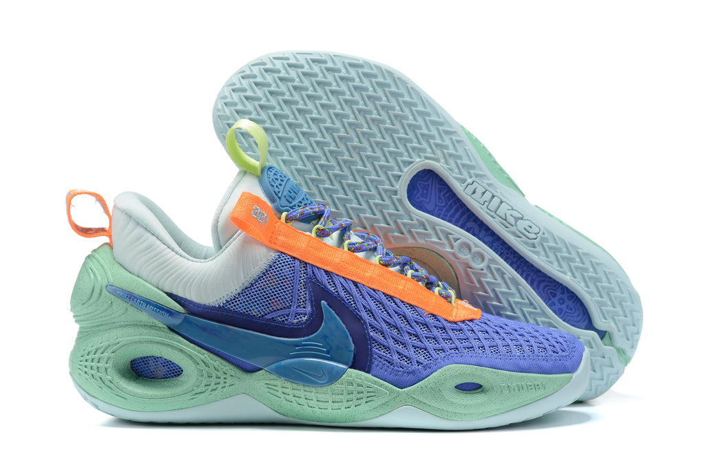 Blue Nike Anthony basketball shoes with mint green panels and bright orange details.