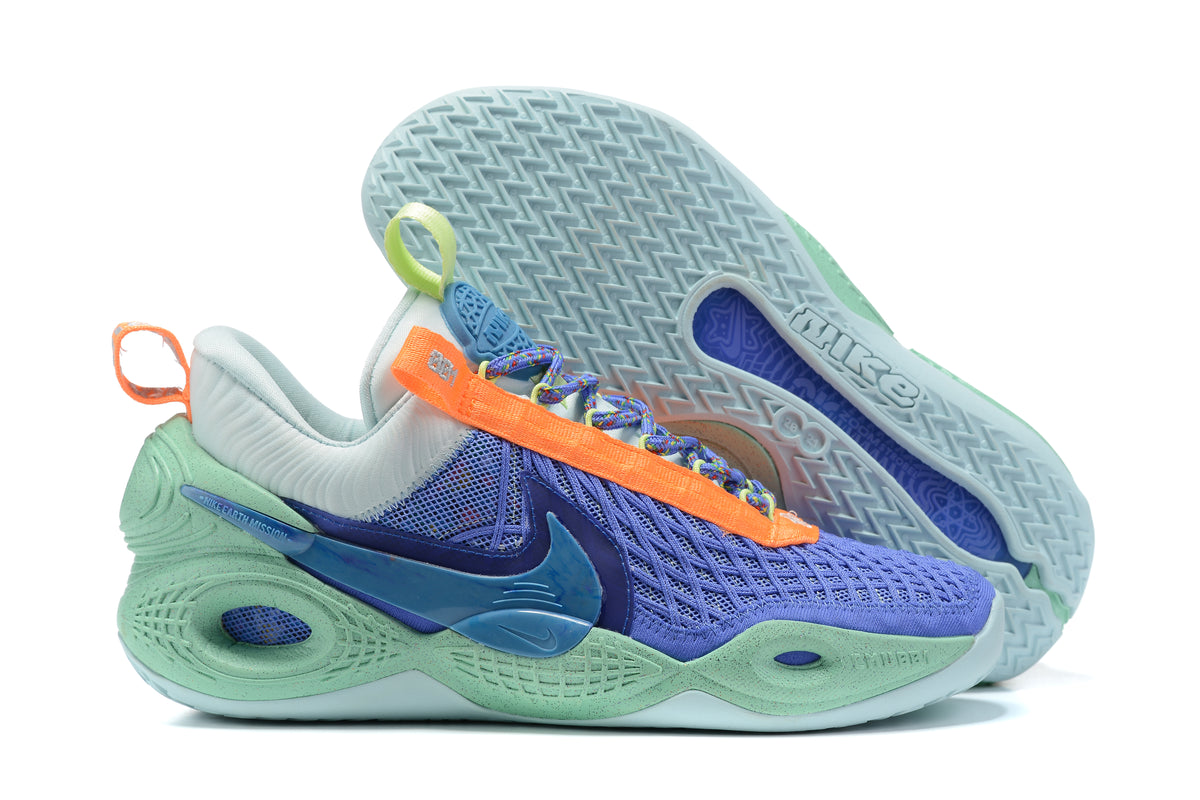 Blue Nike Anthony basketball shoes with mint green panels and bright orange details.