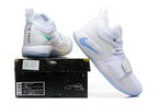 White Nike PG 2 shoe beside its box, showing a size label with US sizes 8.5 and 10