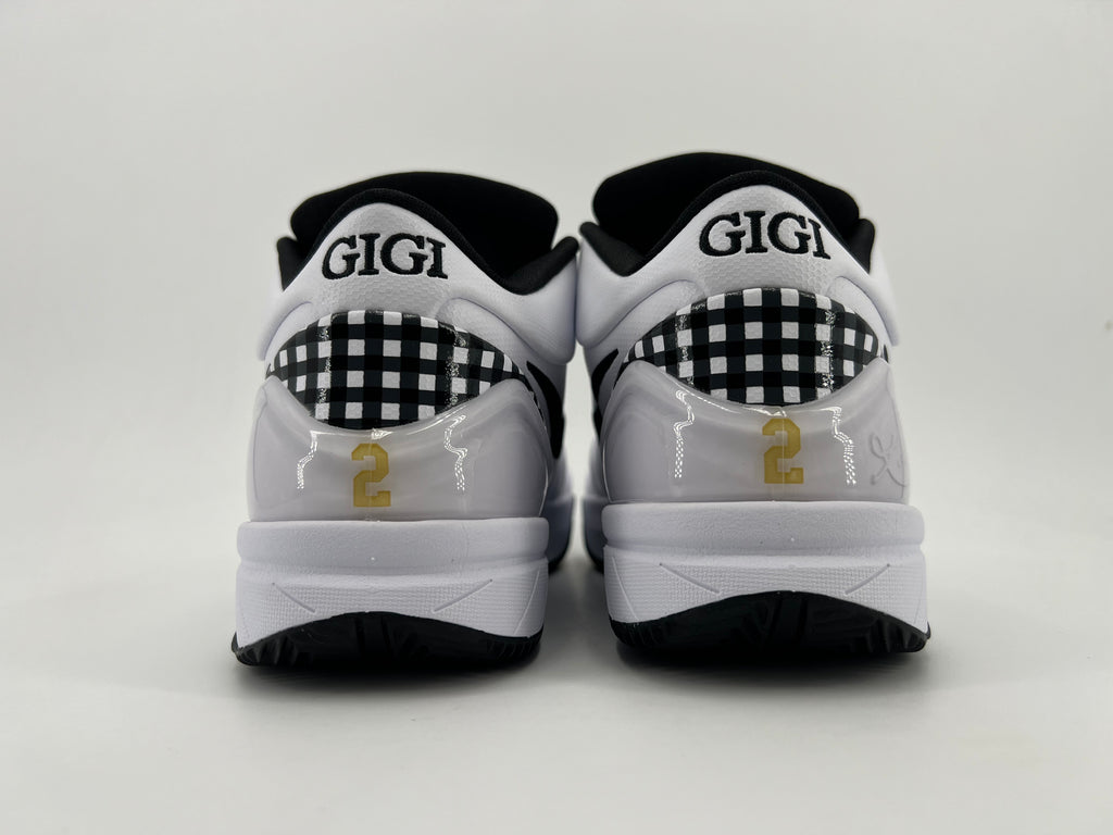 Rear view of the pair showing GIGI heel lettering and checkerboard panels
