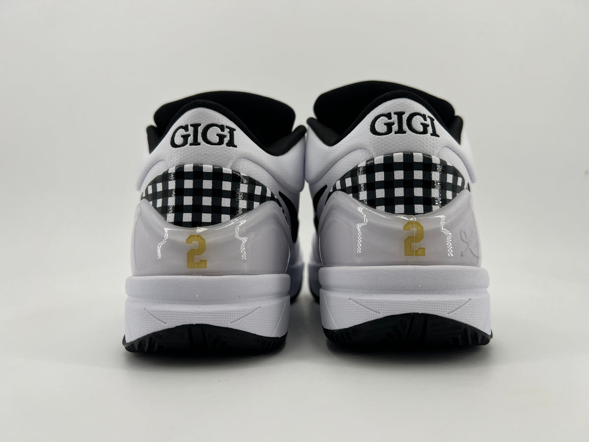 Rear view of the pair showing GIGI heel lettering and checkerboard panels
