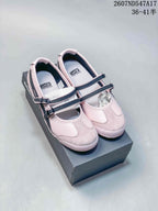 Pair of pale pink Mary Jane sneakers with dark side stripes displayed on a shoe box; image text shows style code 2607ND547A17 and sizes 36–41.5.
