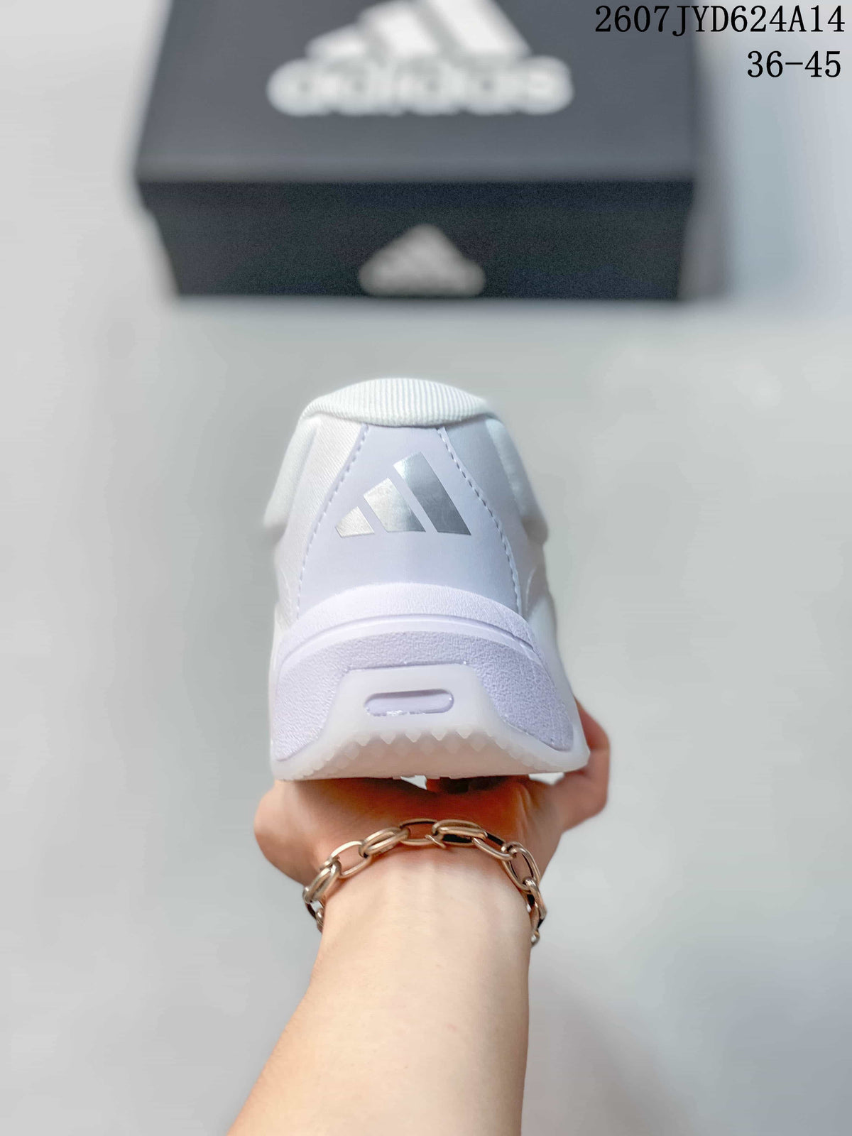 Rear view of a white adidas training shoe with the adidas logo on the heel.