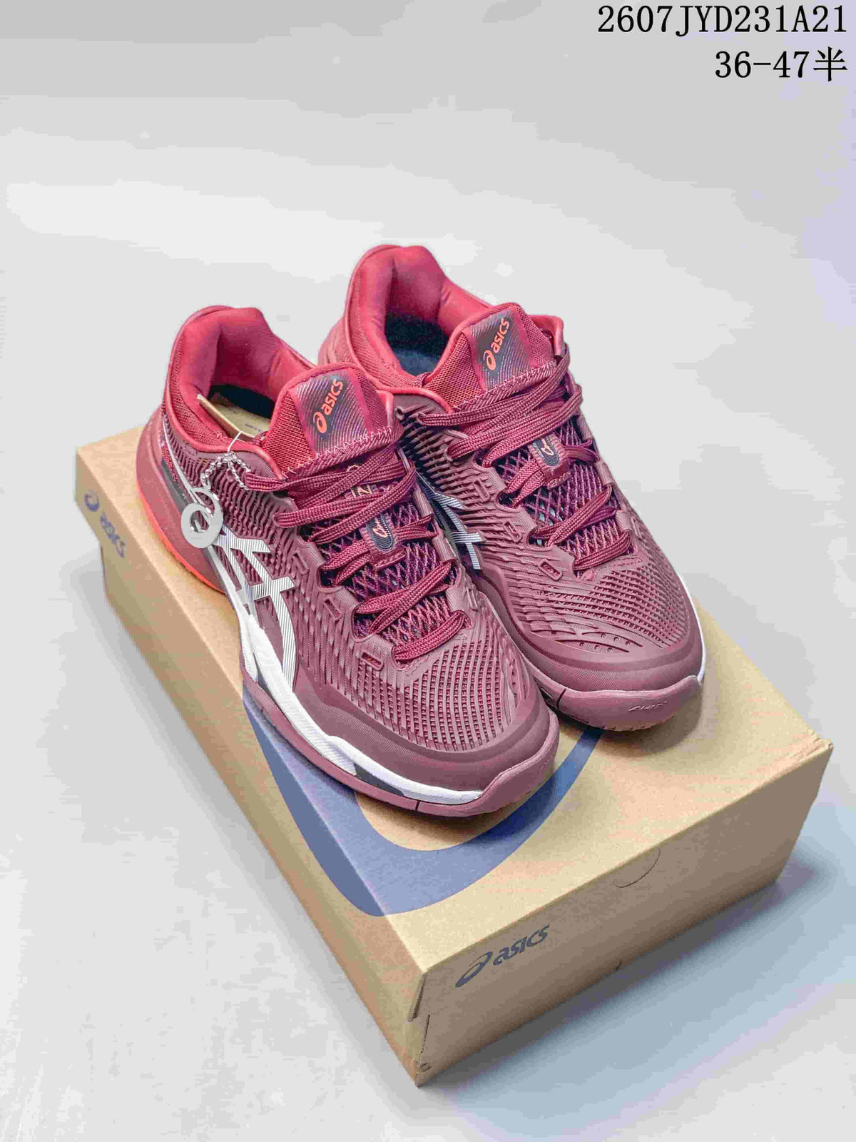 Pair of burgundy ASICS Court FF 3 Novak tennis shoes shown on an ASICS shoe box, with the listed range 36–47 visible at the top.