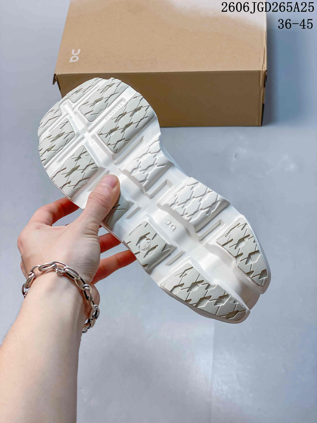Close-up of the white shoe outsole with segmented tread