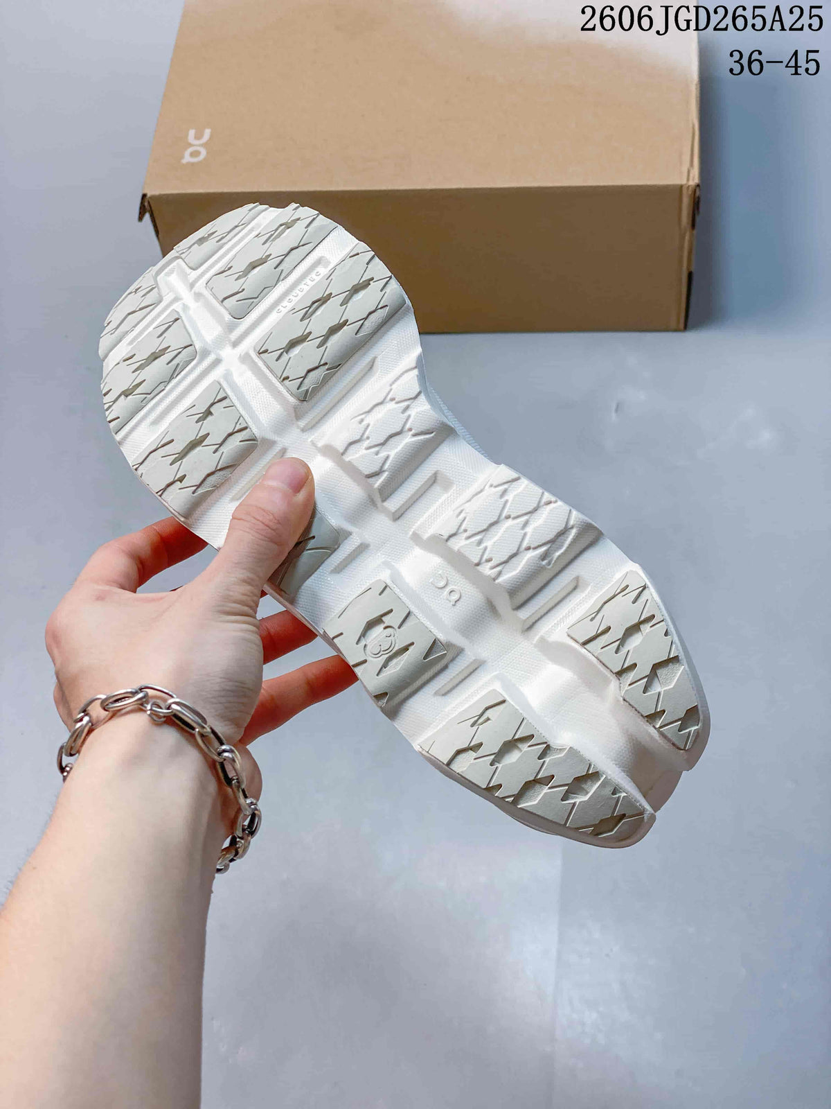 Close-up of the white shoe outsole with segmented tread