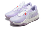 Pair of white and light purple low-top basketball shoes with a patterned outsole.