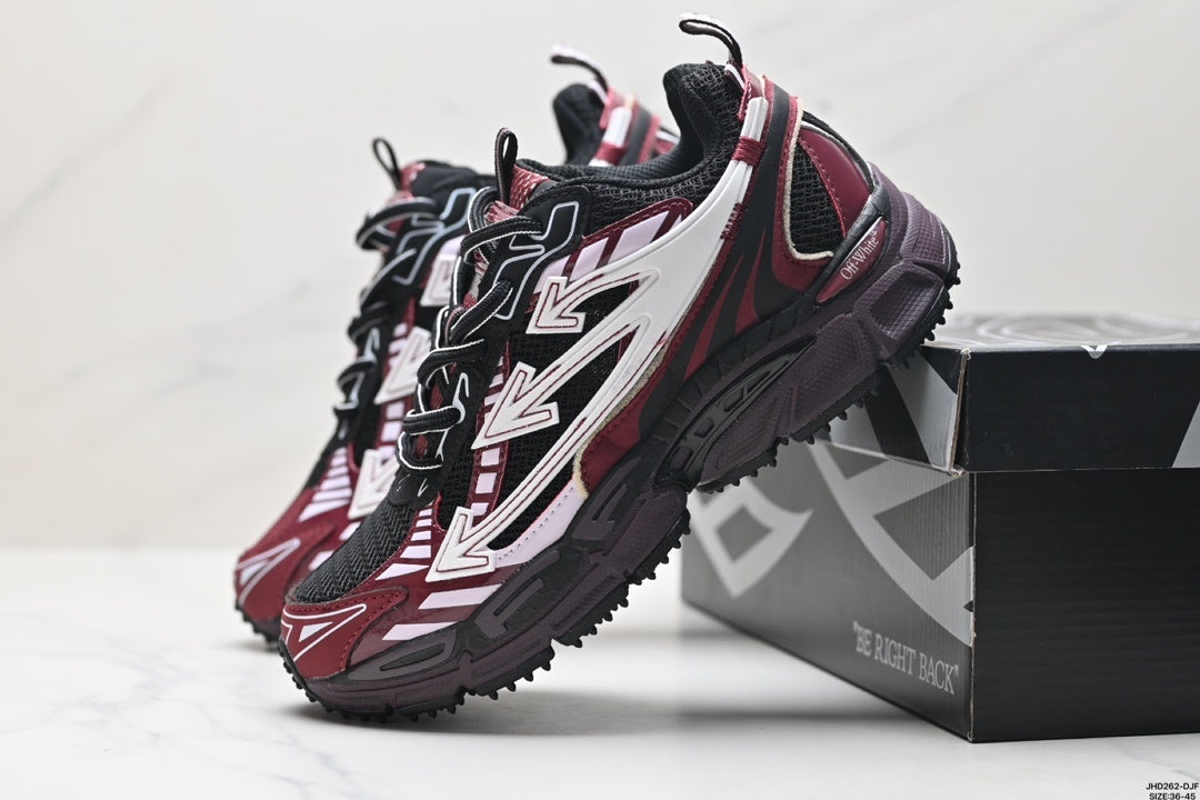 Angled rear-side view of the sneaker displayed beside its branded box, showing the heel structure and pull tabs.