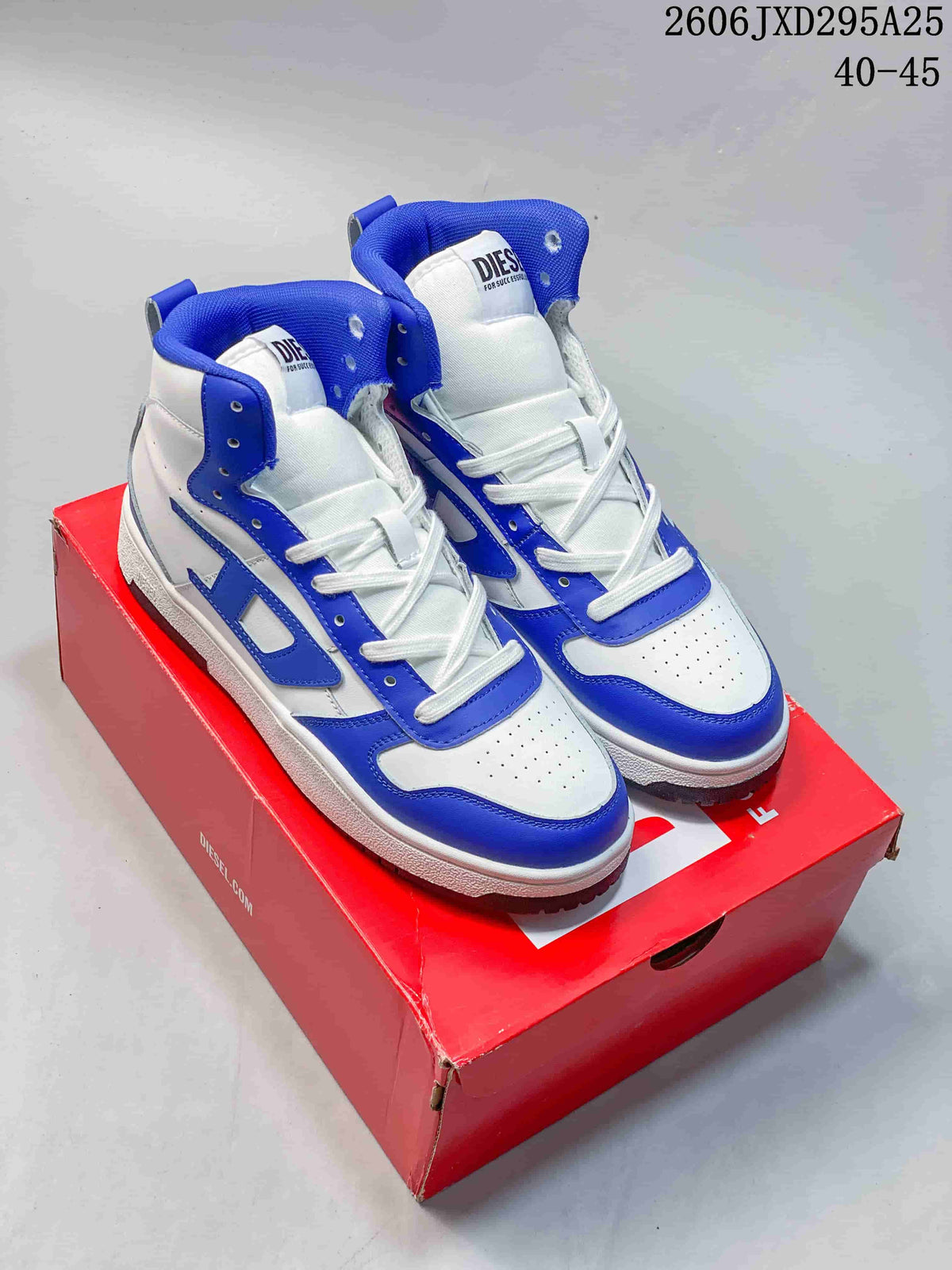 White and blue Diesel high-top sneakers shown from the front on a red box