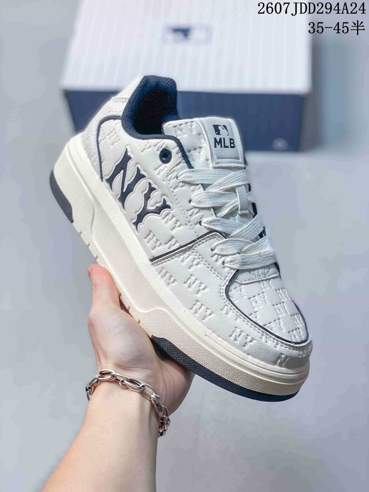 Close-up side view of a white MLB sneaker with dark collar trim, side branding and a thick sole; visible overlay text includes a 35–45 size range.