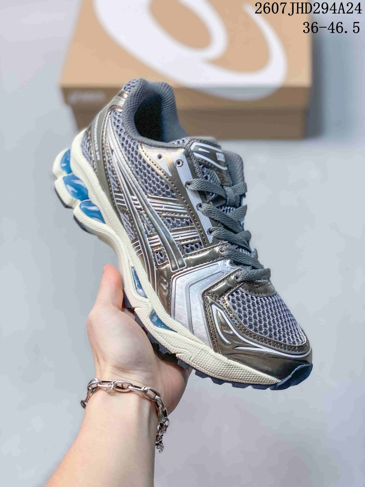 Angled side view of the silver-gray ASICS sneaker showing mesh panels, layered overlays, blue heel elements, and a cream midsole; image text shows style code 2607JHD294A24 and size range 36–46.5.
