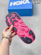 Close-up of the bright pink outsole with dark traction sections on a HOKA Clifton 10 sneaker; image text shows size range 36–40.5.