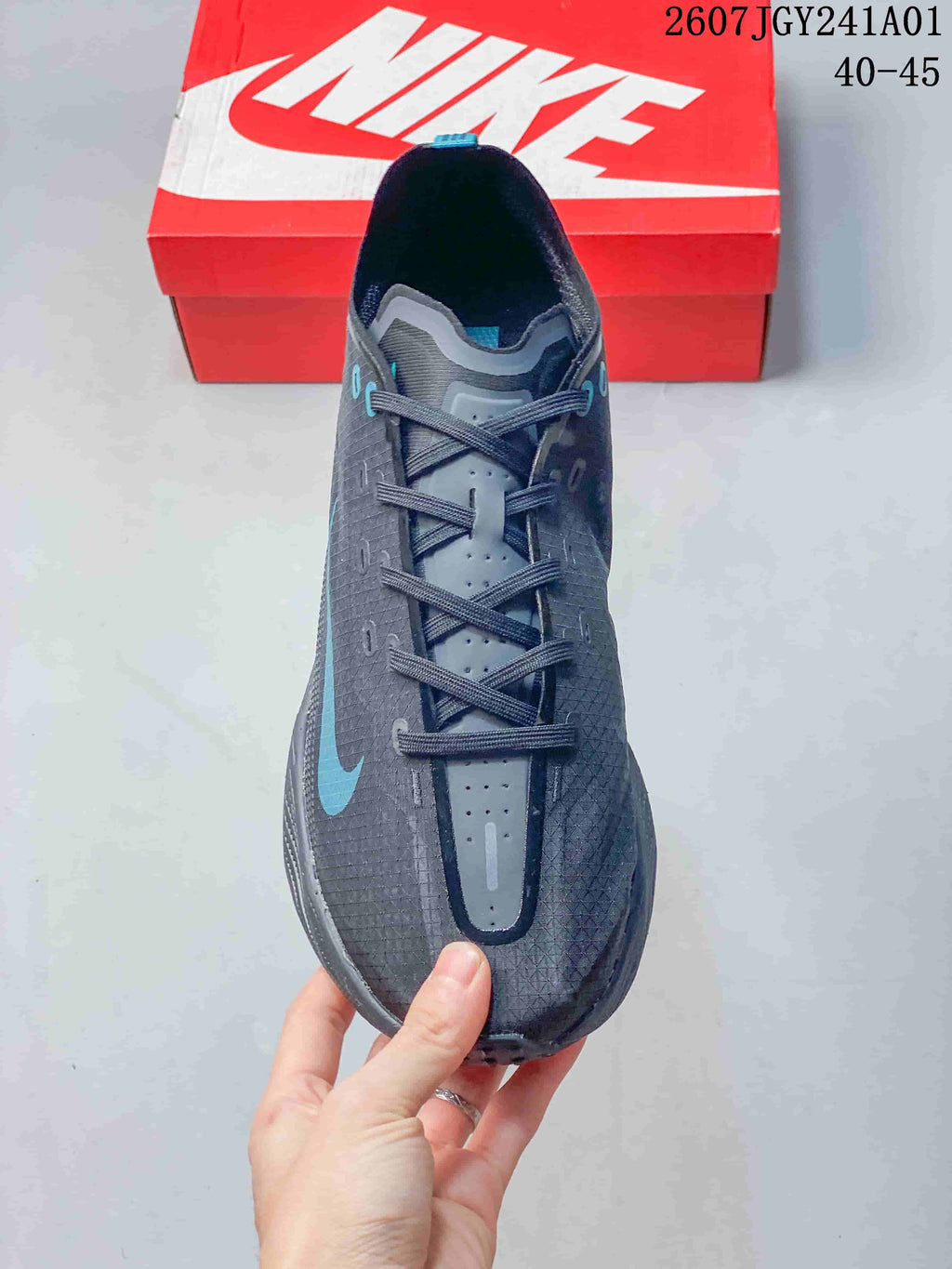 Top view of the lace-up upper and blue side logo
