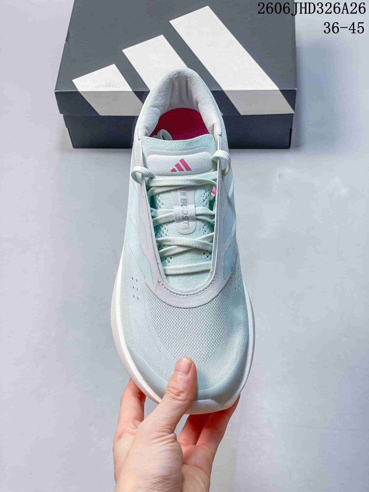 Top view showing the pale blue mesh-like upper and lace closure