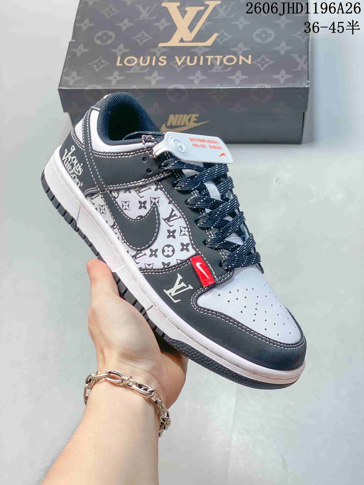 Angled side view of a grey and white patterned low-top sneaker