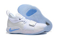 White Nike PG 2 basketball shoe with a forefoot strap and translucent light-blue outsole