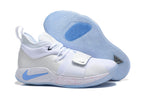 White Nike PG 2 basketball shoe with a forefoot strap and translucent light-blue outsole