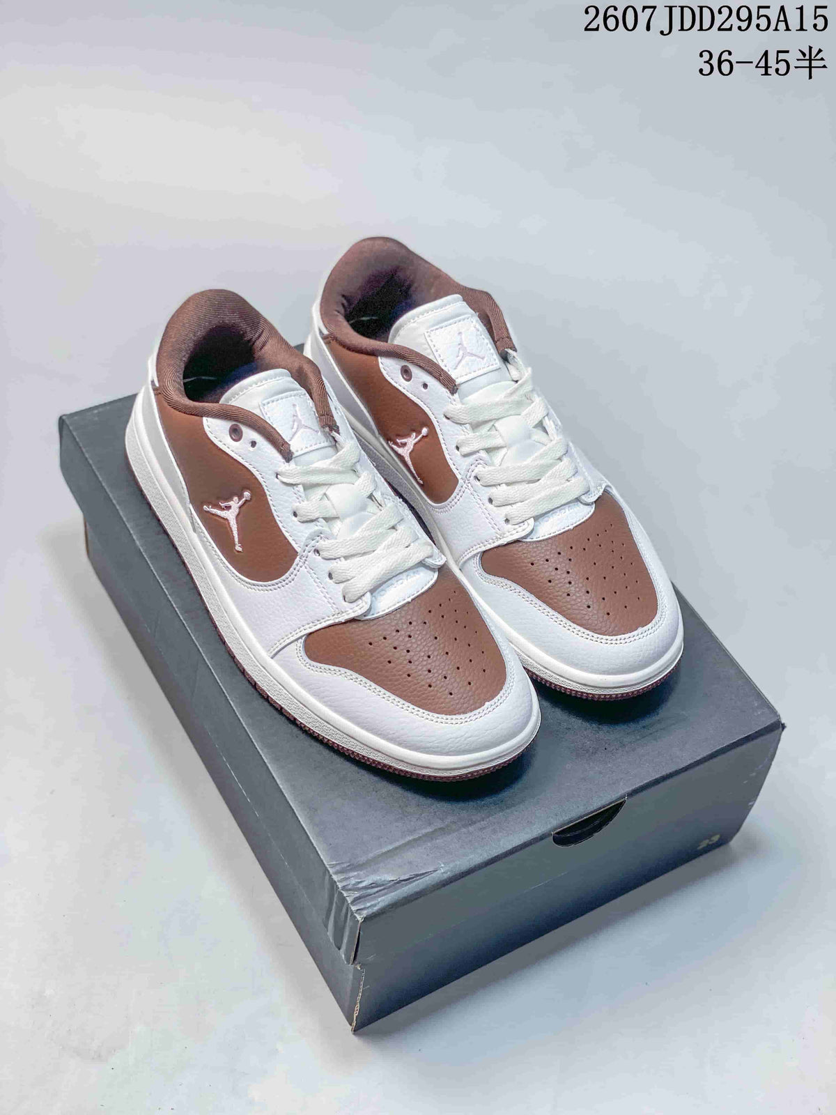 Pair of white and brown Jordan low-top sneakers displayed on a shoebox; image text shows style code 2607JDD295A15 and size range 36–45.