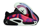 Side and outsole views of black Jordan Luka 3 shoes with magenta and purple accents
