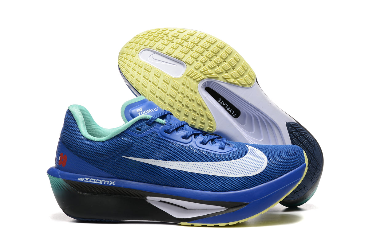 Blue Nike Zoom Fly 6 side profile with black midsole accents and yellow outsole